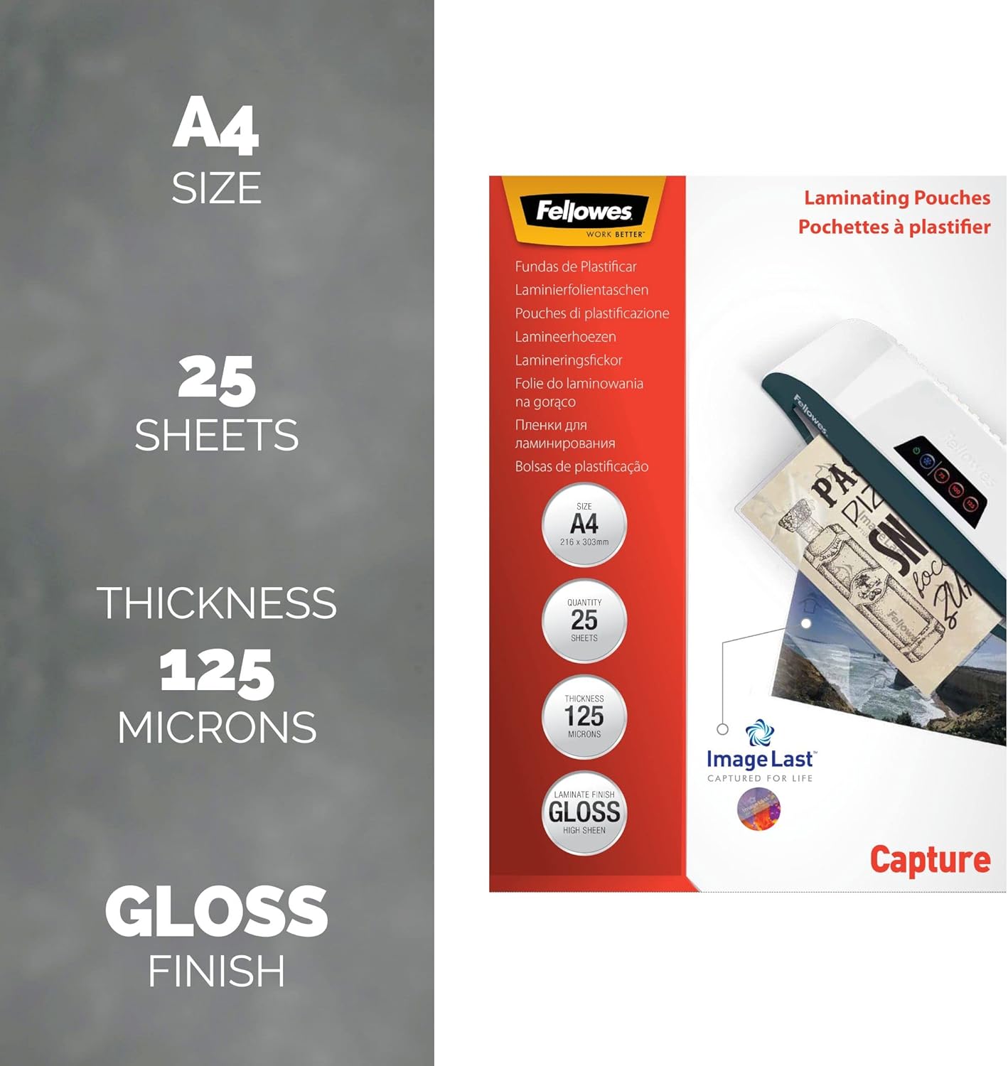 Fellowes A4 Laminating Pouches, Gloss Finish, 25 Sheets, 250 Micron (2 x 125 Micron) High Quality Finish with Image Last Directional Quality Mark - Ideal for Photos, Notices and Everyday Use