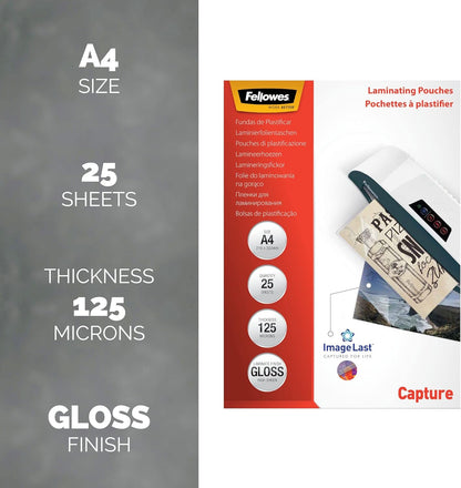 Fellowes A4 Laminating Pouches, Gloss Finish, 25 Sheets, 250 Micron (2 x 125 Micron) High Quality Finish with Image Last Directional Quality Mark - Ideal for Photos, Notices and Everyday Use