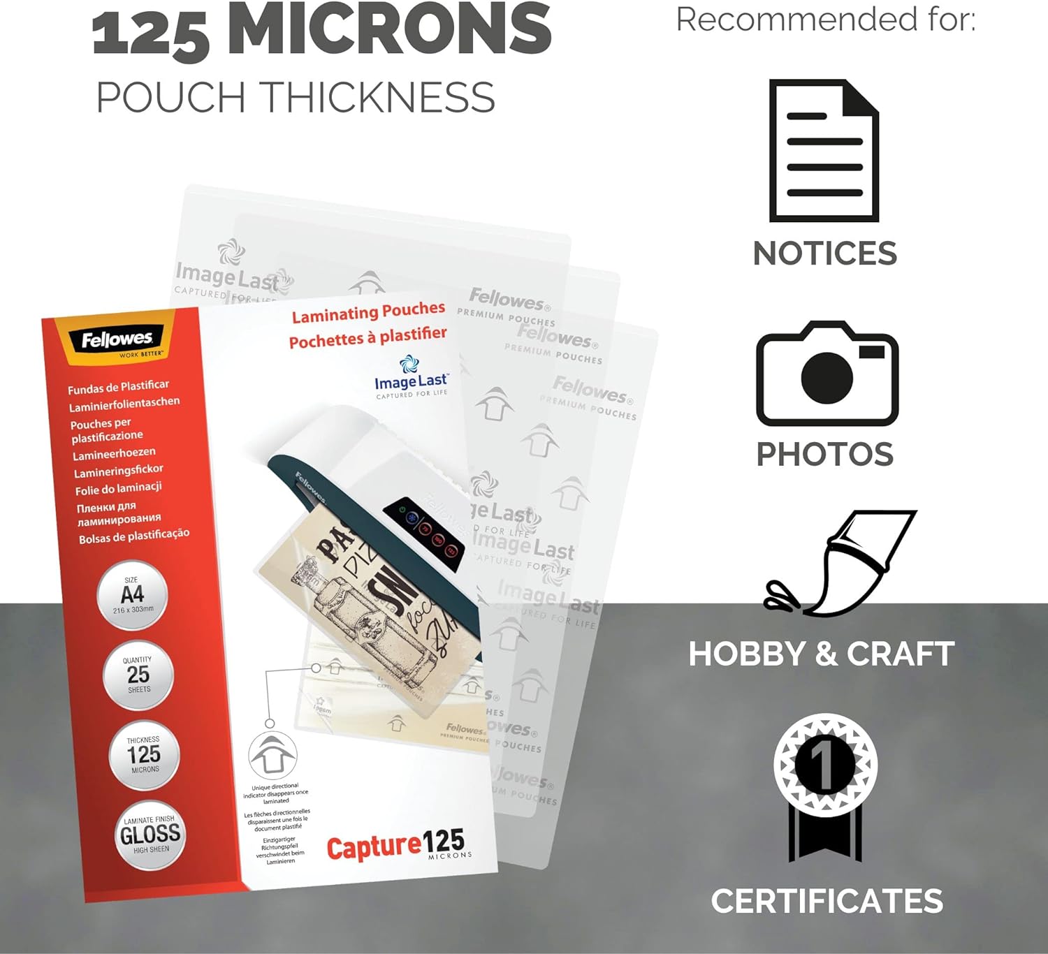Fellowes A4 Laminating Pouches, Gloss Finish, 25 Sheets, 250 Micron (2 x 125 Micron) High Quality Finish with Image Last Directional Quality Mark - Ideal for Photos, Notices and Everyday Use