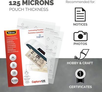 Fellowes A4 Laminating Pouches, Gloss Finish, 25 Sheets, 250 Micron (2 x 125 Micron) High Quality Finish with Image Last Directional Quality Mark - Ideal for Photos, Notices and Everyday Use