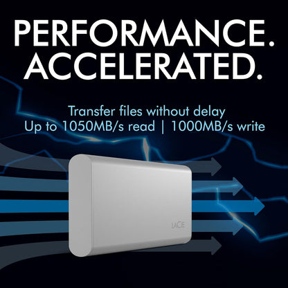 LaCie Portable SSD, 1TB, External SSD, USB-C, Iphone 15 Pro compatible, 2nd generation USB 3.2, speeds up to 1050MB/s, Moon Silver, for Mac, PC and iPad, 3 year Rescue Services (STKS1000400