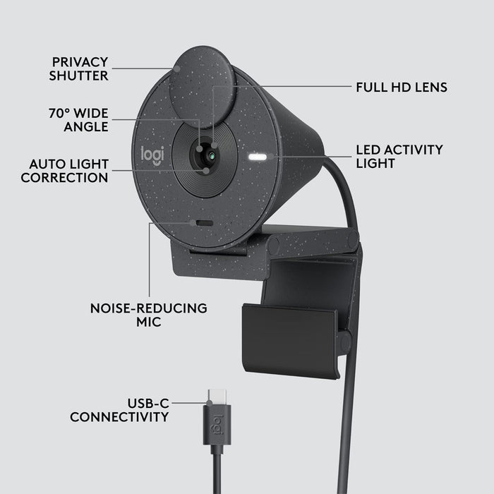 Logitech Brio 305 Full HD 1080P Webcam with Privacy Shutter, Mono Noise Reduction Mics, USB-C, Auto Light Correction, works with Zoom, Microsoft Teams, Google Meet - Graphite