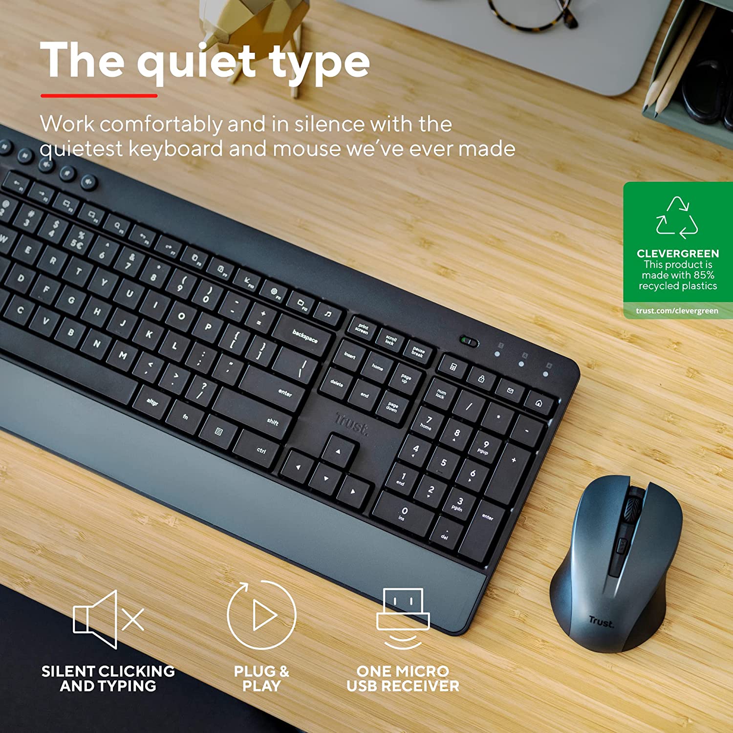 Trust Trezo Wireless Keyboard and Mouse Set, QWERTY UK Layout, Sustainable Design, Silent Computer Combo, 48 Months Battery Life, 2.4 GHz, Spill Resistant, Home Office, Work, PC, Black