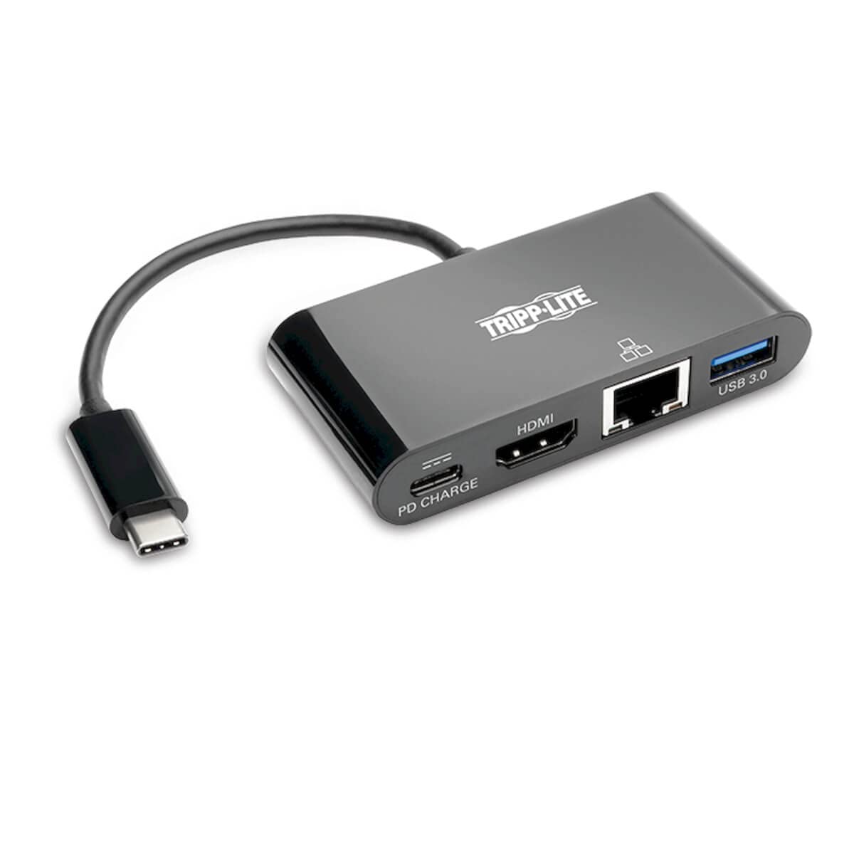 Tripp Lite U444-06N-H4GUBC USB-C (Type-C) to HDMI Adapter with USB-A Hub, Gigabit Ethernet, USB 3.1 Gen 1, Thunderbolt 3 Compatible, 4K x 2K @ 30 Hz, PD Charging, Black Black HDMI 4K