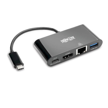 Tripp Lite U444-06N-H4GUBC USB-C (Type-C) to HDMI Adapter with USB-A Hub, Gigabit Ethernet, USB 3.1 Gen 1, Thunderbolt 3 Compatible, 4K x 2K @ 30 Hz, PD Charging, Black Black HDMI 4K