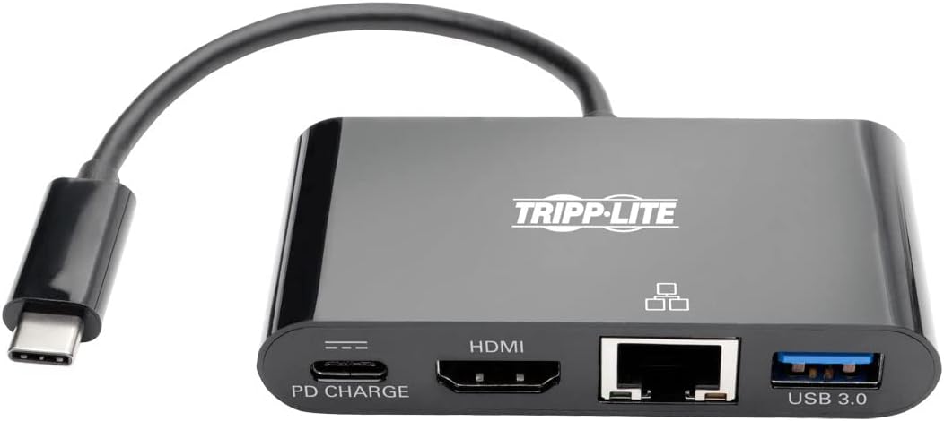 Tripp Lite U444-06N-H4GUBC USB-C (Type-C) to HDMI Adapter with USB-A Hub, Gigabit Ethernet, USB 3.1 Gen 1, Thunderbolt 3 Compatible, 4K x 2K @ 30 Hz, PD Charging, Black Black HDMI 4K