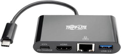 Tripp Lite U444-06N-H4GUBC USB-C (Type-C) to HDMI Adapter with USB-A Hub, Gigabit Ethernet, USB 3.1 Gen 1, Thunderbolt 3 Compatible, 4K x 2K @ 30 Hz, PD Charging, Black Black HDMI 4K