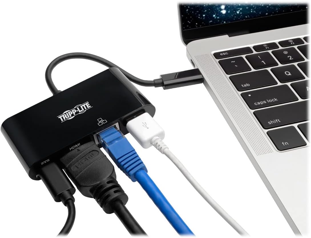 Tripp Lite U444-06N-H4GUBC USB-C (Type-C) to HDMI Adapter with USB-A Hub, Gigabit Ethernet, USB 3.1 Gen 1, Thunderbolt 3 Compatible, 4K x 2K @ 30 Hz, PD Charging, Black Black HDMI 4K