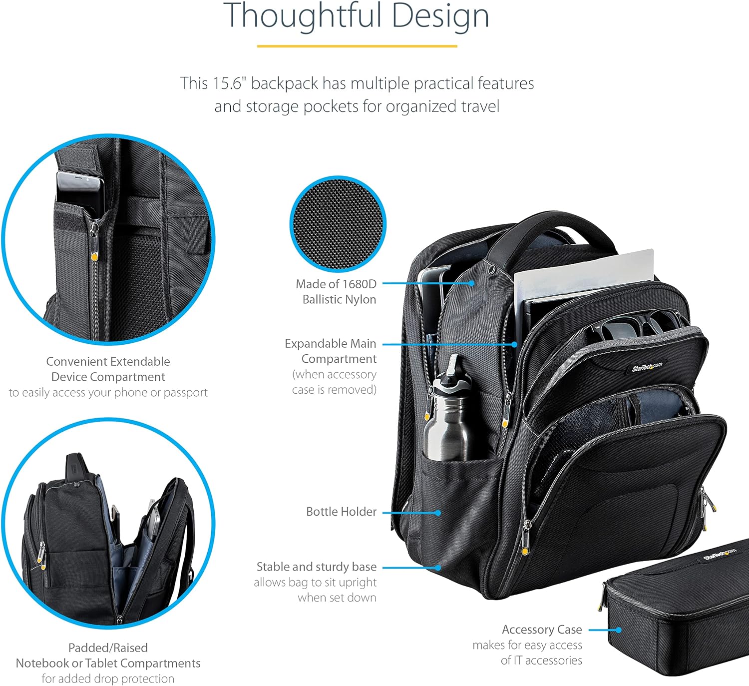 StarTech.com 15.6" Laptop Backpack with Removable Accessory Case - Professional IT Tech Backpack for Work/Travel/Commute - Durable Ergonomic Computer Bag - Nylon - Notebook/Tablet Pockets (NTBKBAG156