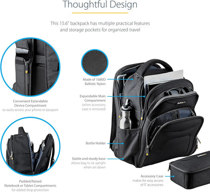 StarTech.com 15.6" Laptop Backpack with Removable Accessory Case - Professional IT Tech Backpack for Work/Travel/Commute - Durable Ergonomic Computer Bag - Nylon - Notebook/Tablet Pockets (NTBKBAG156