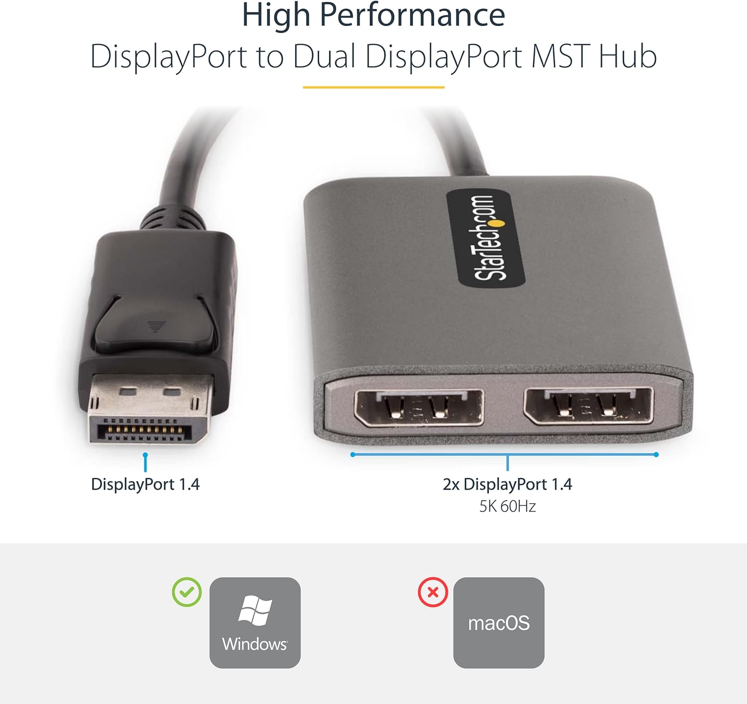 StarTech.com Dual-Monitor DisplayPort 1.4 Splitter, DisplayPort to 2x DP Multi-Monitor Adapter, Dual 5K 60Hz Computer MST Hub, Extra-Long Built-in Cable, Windows Only (MST14DP122DP