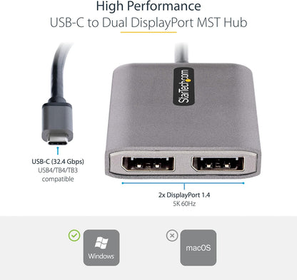 StarTech.com USB-C to Dual Displayport 1.4 Adapter, USB Type-C Muliti-Monitor MST Hub, Dual 5K 60Hz DP Laptop Display Extender / Splitter, HDR, Extra-Long Built-In Cable, Windows Only (MST14CD122DP