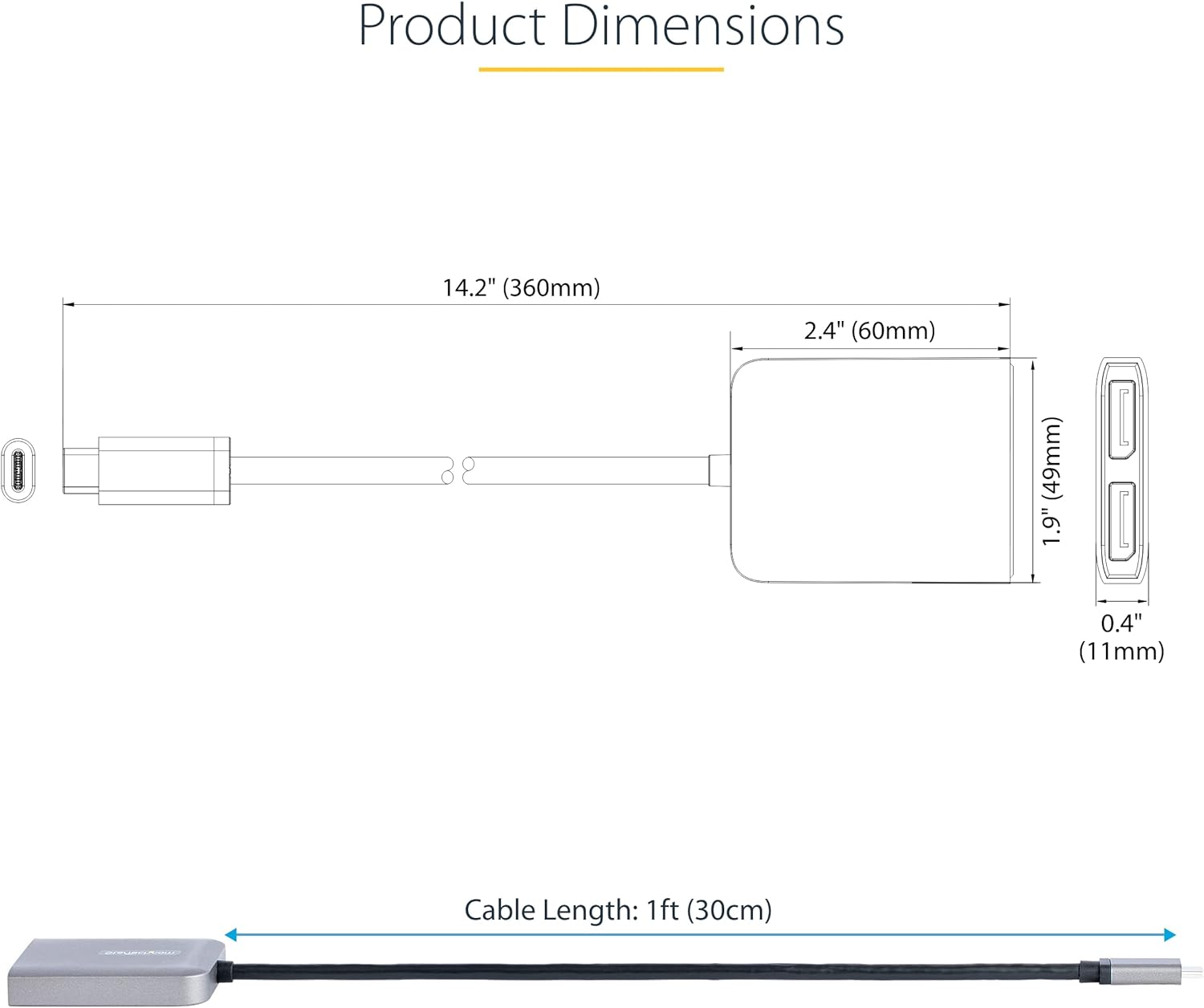 StarTech.com USB-C to Dual Displayport 1.4 Adapter, USB Type-C Muliti-Monitor MST Hub, Dual 5K 60Hz DP Laptop Display Extender / Splitter, HDR, Extra-Long Built-In Cable, Windows Only (MST14CD122DP
