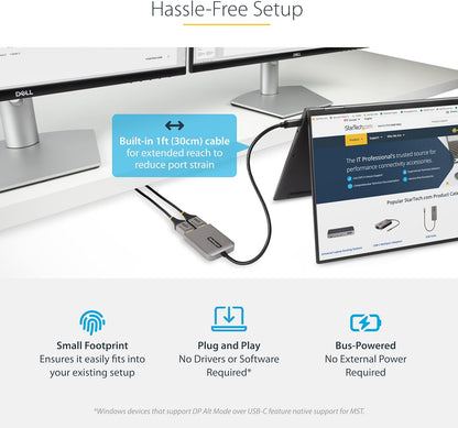 StarTech.com USB-C to Dual Displayport 1.4 Adapter, USB Type-C Muliti-Monitor MST Hub, Dual 5K 60Hz DP Laptop Display Extender / Splitter, HDR, Extra-Long Built-In Cable, Windows Only (MST14CD122DP