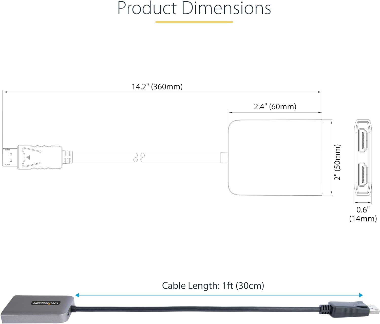 StarTech.com DP to Dual HDMI MST HUB - Dual HDMI 4K 60Hz - DisplayPort Multi Monitor Adapter with 1ft / 30cm cable - DP 1.4 Multi Stream Transport Hub, DSC (MST14DP122HD), Black