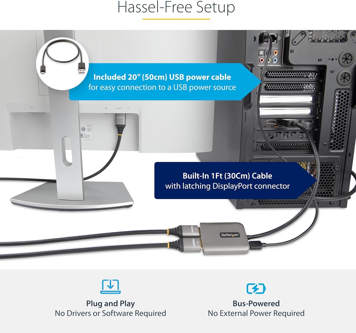 StarTech.com DP to Dual HDMI MST HUB - Dual HDMI 4K 60Hz - DisplayPort Multi Monitor Adapter with 1ft / 30cm cable - DP 1.4 Multi Stream Transport Hub, DSC (MST14DP122HD), Black