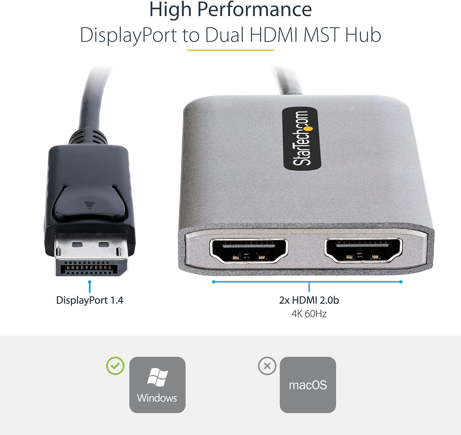 StarTech.com DP to Dual HDMI MST HUB - Dual HDMI 4K 60Hz - DisplayPort Multi Monitor Adapter with 1ft / 30cm cable - DP 1.4 Multi Stream Transport Hub, DSC (MST14DP122HD), Black