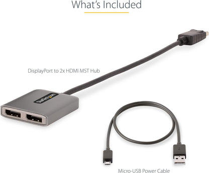 StarTech.com DP to Dual HDMI MST HUB - Dual HDMI 4K 60Hz - DisplayPort Multi Monitor Adapter with 1ft / 30cm cable - DP 1.4 Multi Stream Transport Hub, DSC (MST14DP122HD), Black
