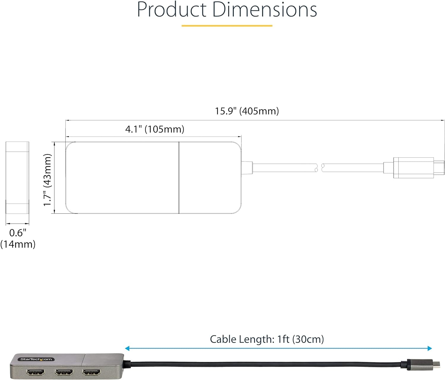StarTech.com 3-Port USB-C Multi-Monitor Adapter, USB Type-C to 3x HDMI MST Hub, Triple 4K 60Hz HDMI Laptop Display Extender / Splitter, HDR, Extra-Long Built-In Cable, Windows (MST14CD123HD