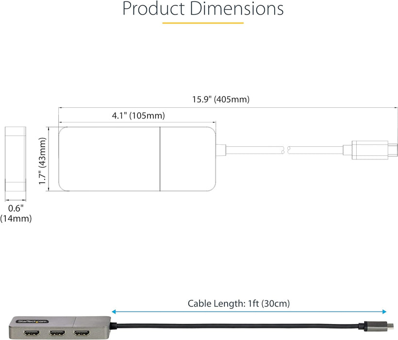 StarTech.com 3-Port USB-C Multi-Monitor Adapter, USB Type-C to 3x HDMI MST Hub, Triple 4K 60Hz HDMI Laptop Display Extender / Splitter, HDR, Extra-Long Built-In Cable, Windows (MST14CD123HD
