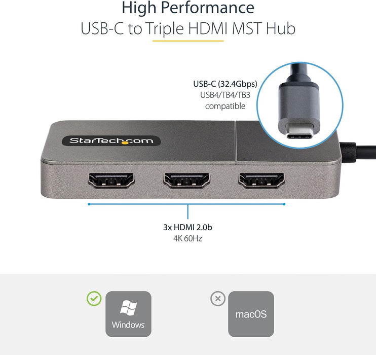 StarTech.com 3-Port USB-C Multi-Monitor Adapter, USB Type-C to 3x HDMI MST Hub, Triple 4K 60Hz HDMI Laptop Display Extender / Splitter, HDR, Extra-Long Built-In Cable, Windows (MST14CD123HD