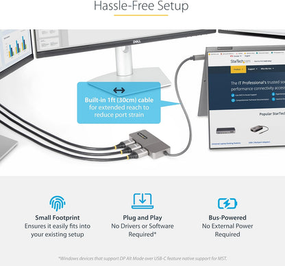 StarTech.com 3-Port USB-C Multi-Monitor Adapter, USB Type-C to 3x HDMI MST Hub, Triple 4K 60Hz HDMI Laptop Display Extender / Splitter, HDR, Extra-Long Built-In Cable, Windows (MST14CD123HD