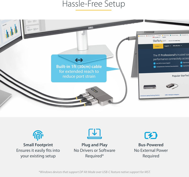 StarTech.com 3-Port USB-C Multi-Monitor Adapter, USB Type-C to 3x HDMI MST Hub, Triple 4K 60Hz HDMI Laptop Display Extender / Splitter, HDR, Extra-Long Built-In Cable, Windows (MST14CD123HD