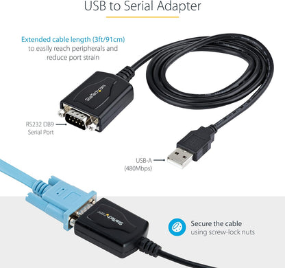 StarTech.com 3ft (1m) USB to Serial Cable with COM Port Retention, DB9 Male RS232 to USB Converter, USB to Serial Adapter for PLC/Printer/Scanner, Prolific Chipset, Windows/Mac (1P3FPC-USB-SERIAL