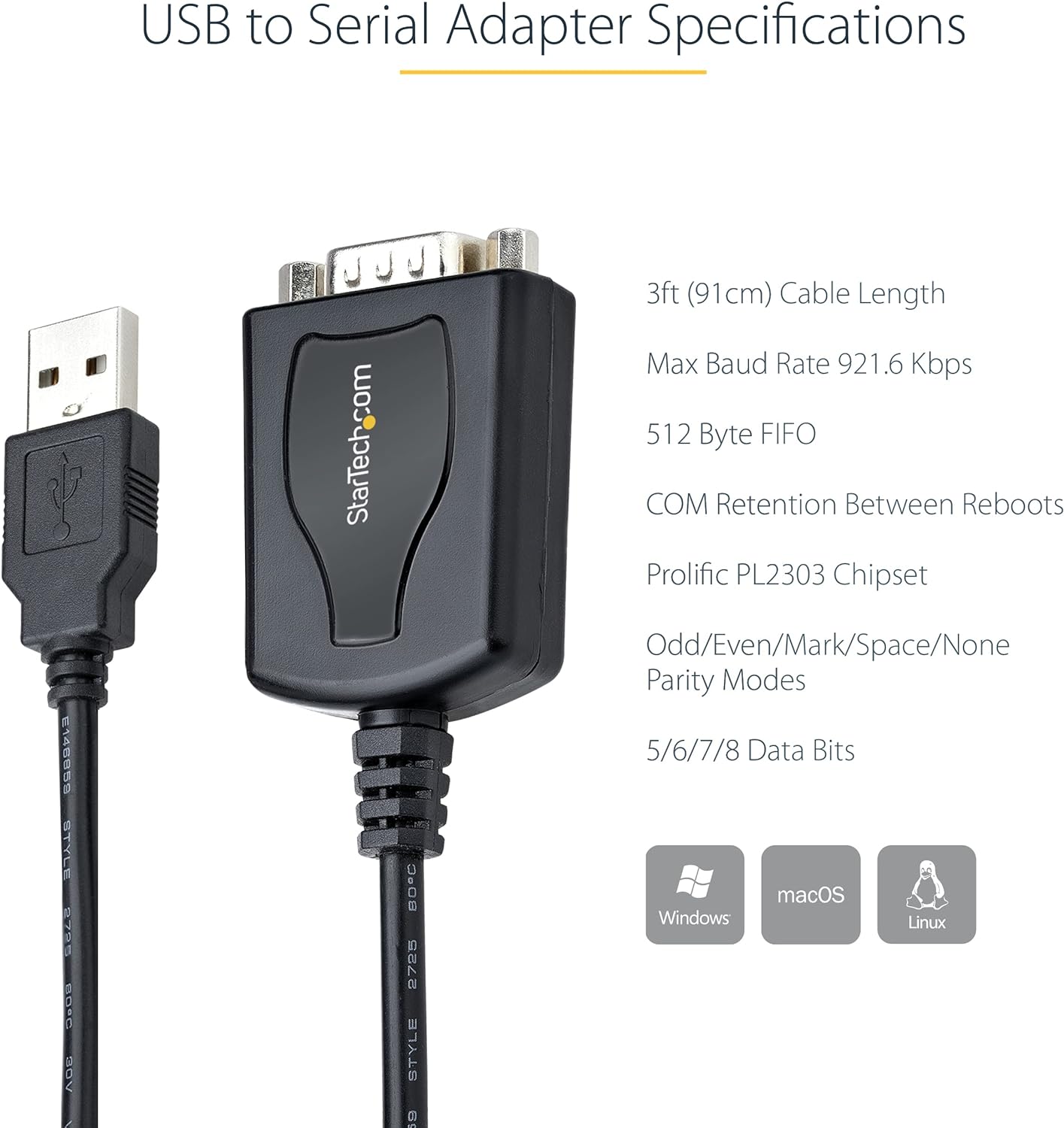 StarTech.com 3ft (1m) USB to Serial Cable with COM Port Retention, DB9 Male RS232 to USB Converter, USB to Serial Adapter for PLC/Printer/Scanner, Prolific Chipset, Windows/Mac (1P3FPC-USB-SERIAL