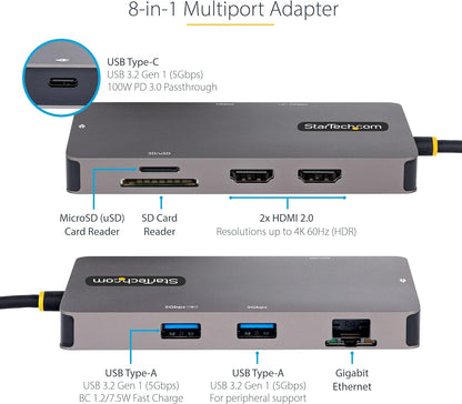 StarTech.com USB C Multiport Adapter, Dual HDMI Video, 4K 60Hz, 2Pt 5Gbps USB-A Hub, 100W Power Delivery Pass-Through/GbE/SD, 12"/30cm Cable, Travel Laptop Docking Station (120B-USBC-MULTIPORT
