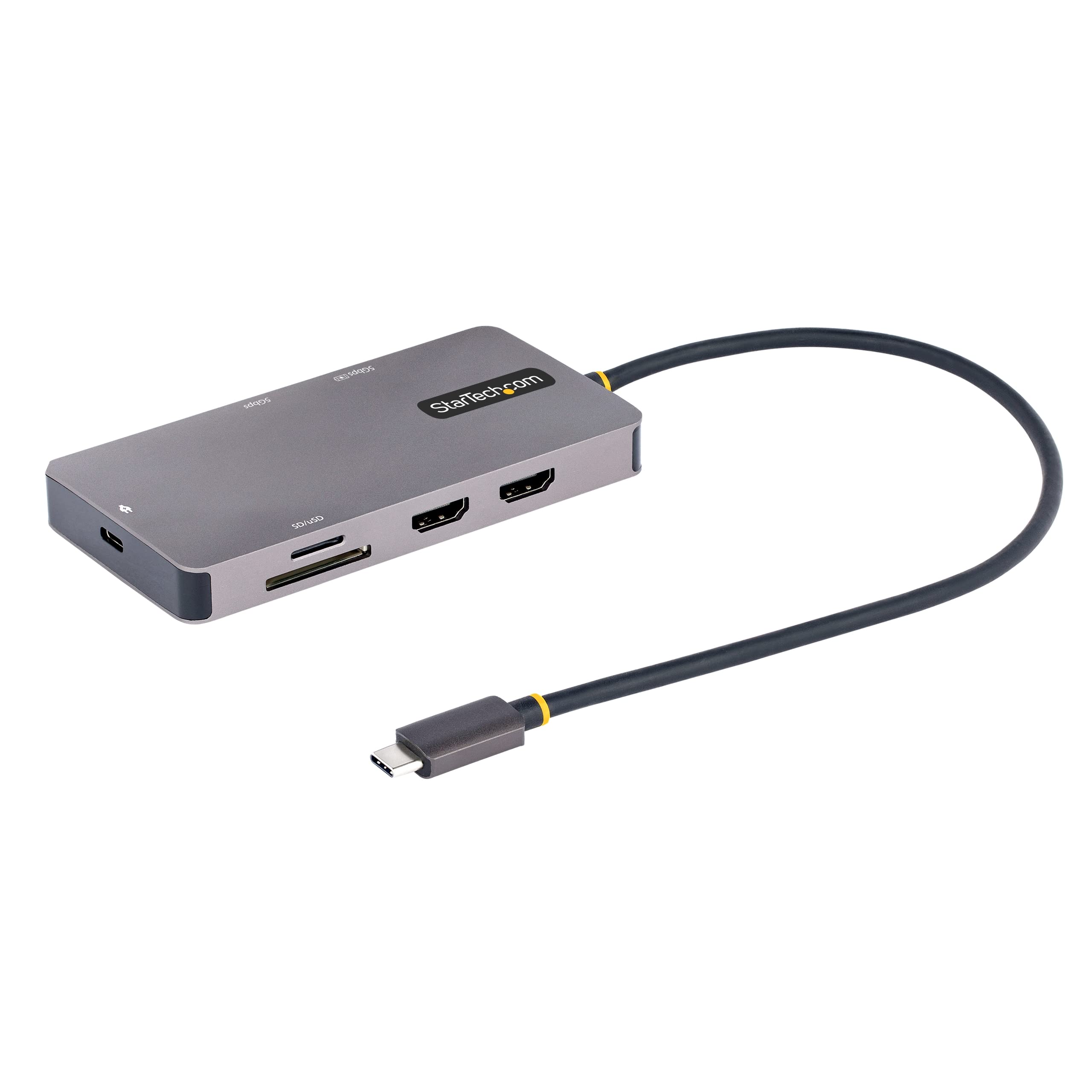 StarTech.com USB C Multiport Adapter, Dual HDMI Video, 4K 60Hz, 2Pt 5Gbps USB-A Hub, 100W Power Delivery Pass-Through/GbE/SD, 12"/30cm Cable, Travel Laptop Docking Station (120B-USBC-MULTIPORT