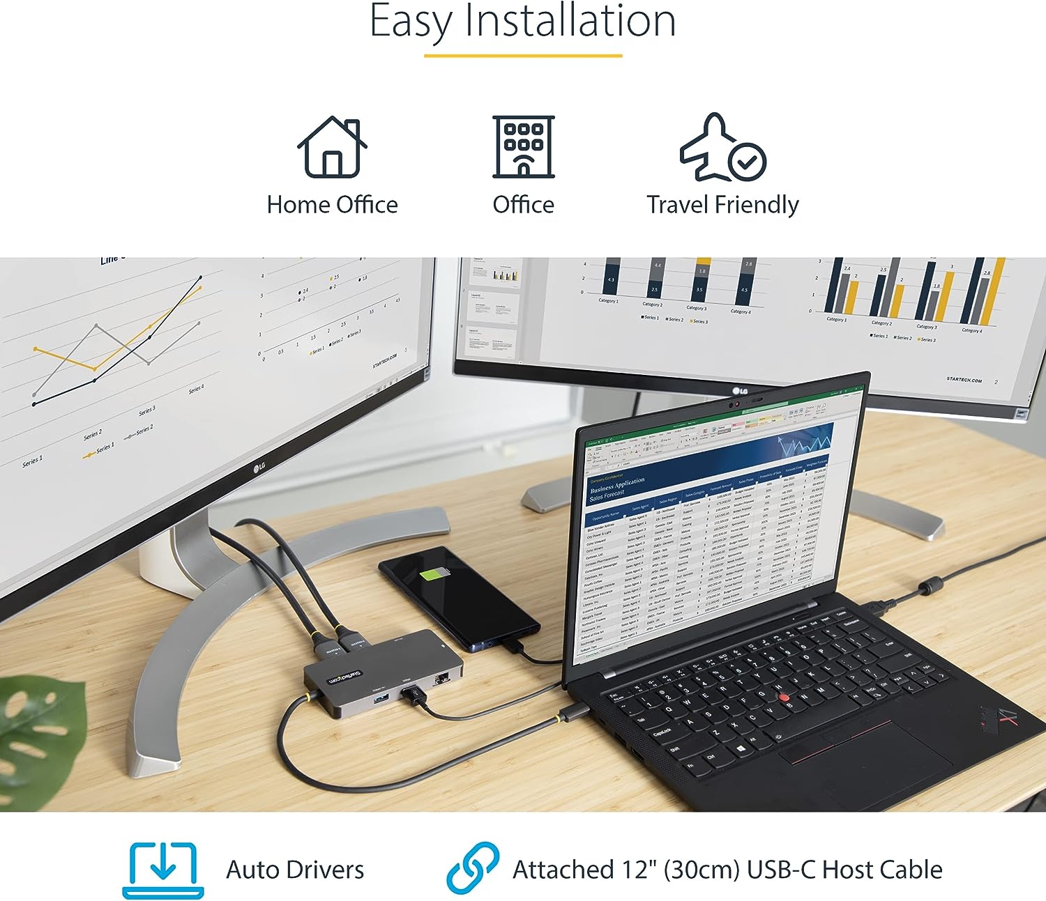 StarTech.com USB C Multiport Adapter, Dual HDMI Video, 4K 60Hz, 2Pt 5Gbps USB-A Hub, 100W Power Delivery Pass-Through/GbE/SD, 12"/30cm Cable, Travel Laptop Docking Station (120B-USBC-MULTIPORT