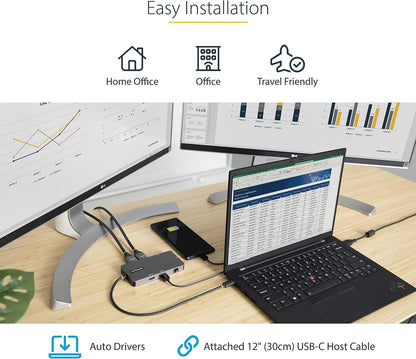 StarTech.com USB C Multiport Adapter, Dual HDMI Video, 4K 60Hz, 2Pt 5Gbps USB-A Hub, 100W Power Delivery Pass-Through/GbE/SD, 12"/30cm Cable, Travel Laptop Docking Station (120B-USBC-MULTIPORT