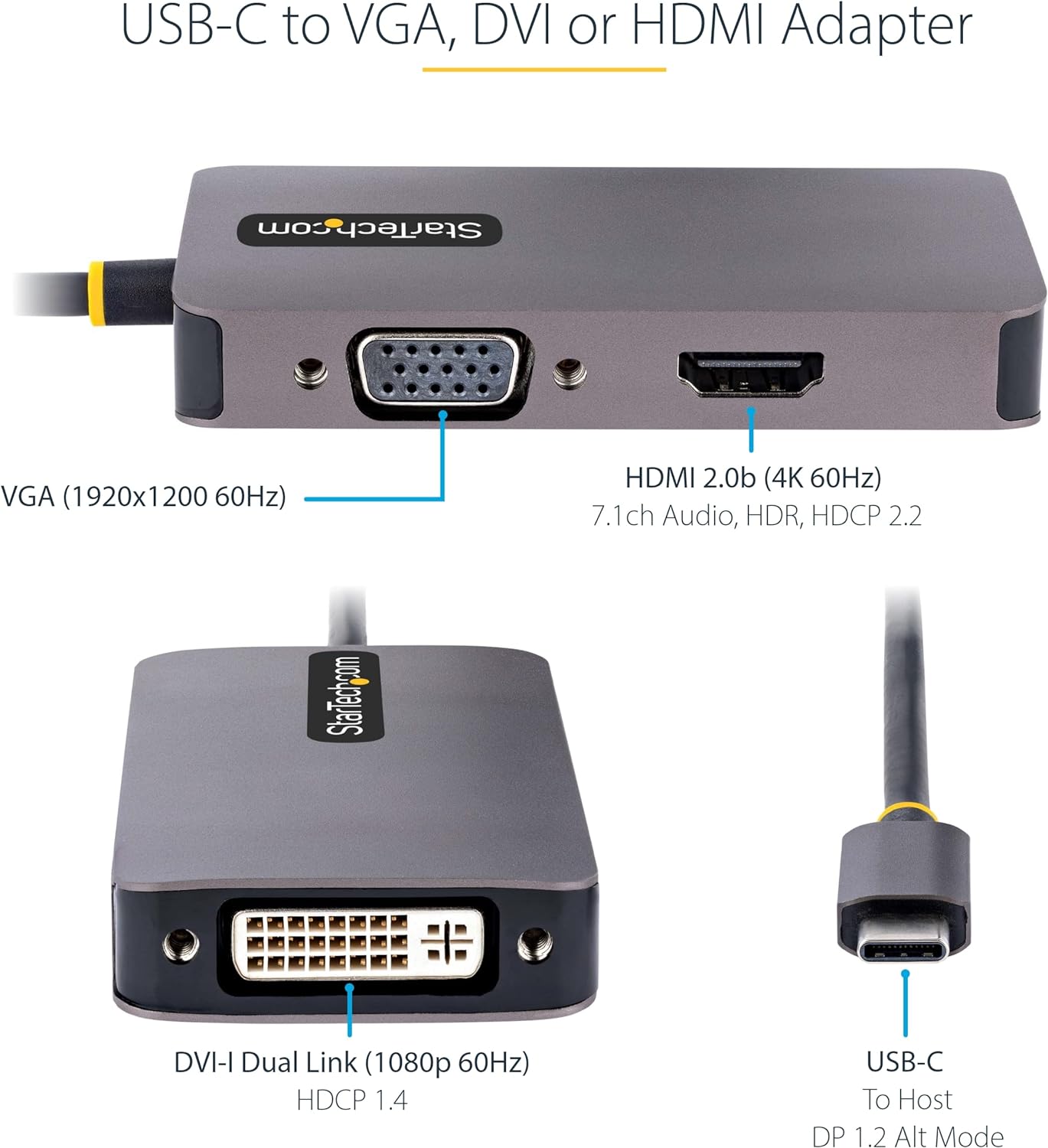 StarTech.com USB C Video Adapter, USB C to HDMI DVI VGA Adapter, Up to 4K 60Hz, Aluminum, Multiport Video Display Adapter, Thunderbolt 3/4 Compatible, USB Type C Travel Adapter (118-USBC-HDMI-VGADVI