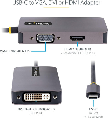 StarTech.com USB C Video Adapter, USB C to HDMI DVI VGA Adapter, Up to 4K 60Hz, Aluminum, Multiport Video Display Adapter, Thunderbolt 3/4 Compatible, USB Type C Travel Adapter (118-USBC-HDMI-VGADVI