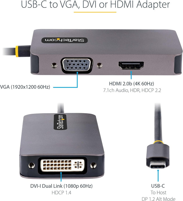 StarTech.com USB C Video Adapter, USB C to HDMI DVI VGA Adapter, Up to 4K 60Hz, Aluminum, Multiport Video Display Adapter, Thunderbolt 3/4 Compatible, USB Type C Travel Adapter (118-USBC-HDMI-VGADVI