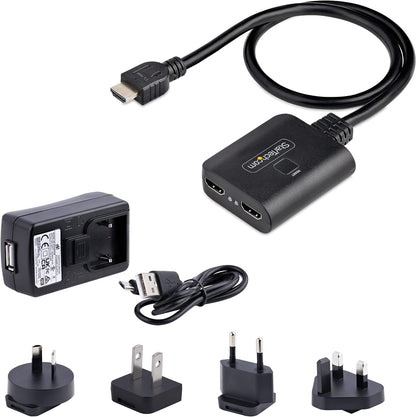 StarTech.com 2-Port HDMI Splitter, 4K 60Hz HDMI 2.0 Video, 4K HDMI Splitter 1 In 2 Out, 1x2 HDMI Display/Output Splitter, HDR/HDCP, 20in (50cm) Built-in HDMI Cable (HDMI-SPLITTER-4K60UP