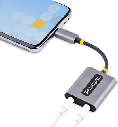 StarTech.com USB-C Headphone Splitter, USB Type C Dual Headset Adapter w/Mic Input, USB C to 3.5mm Audio Adapter/Earphone Dongle, USB C to Audio Jack/Aux Output, 24-bit DAC (USBC-AUDIO-SPLITTER