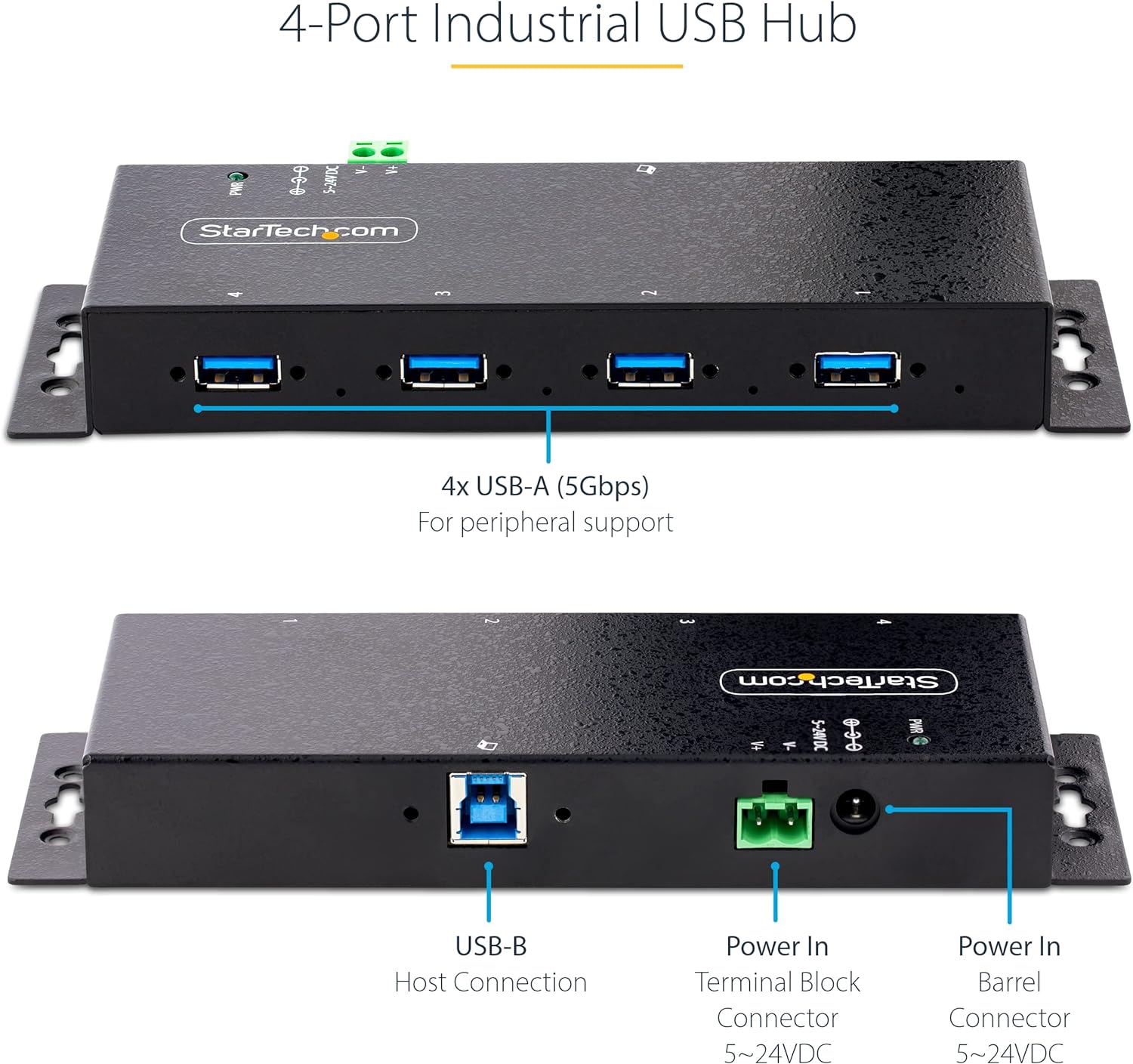 StarTech.com 4-Port Industrial USB 3.0 5Gbps Hub - Rugged USB Hub w/ESD and Surge Protection - DIN/Wall/Desk Mountable USB-A Hub - USB Expander w/Locking Ports, Heavy Duty (5G4AINDNP-USB-A-HUB