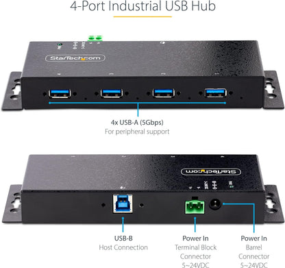StarTech.com 4-Port Industrial USB 3.0 5Gbps Hub - Rugged USB Hub w/ESD and Surge Protection - DIN/Wall/Desk Mountable USB-A Hub - USB Expander w/Locking Ports, Heavy Duty (5G4AINDNP-USB-A-HUB