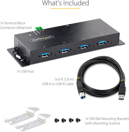 StarTech.com 4-Port Industrial USB 3.0 5Gbps Hub - Rugged USB Hub w/ESD and Surge Protection - DIN/Wall/Desk Mountable USB-A Hub - USB Expander w/Locking Ports, Heavy Duty (5G4AINDNP-USB-A-HUB