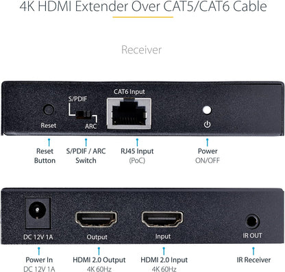 StarTech.com 4K HDMI Extender Over CAT5/CAT6 Cable, 4K 60Hz HDR Video Extender Up to 230ft (70m), HDMI Over Ethernet Cabling, S/PDIF Audio Out, HDMI Transmitter and Receiver Kit (4K70IC-EXTEND-HDMI