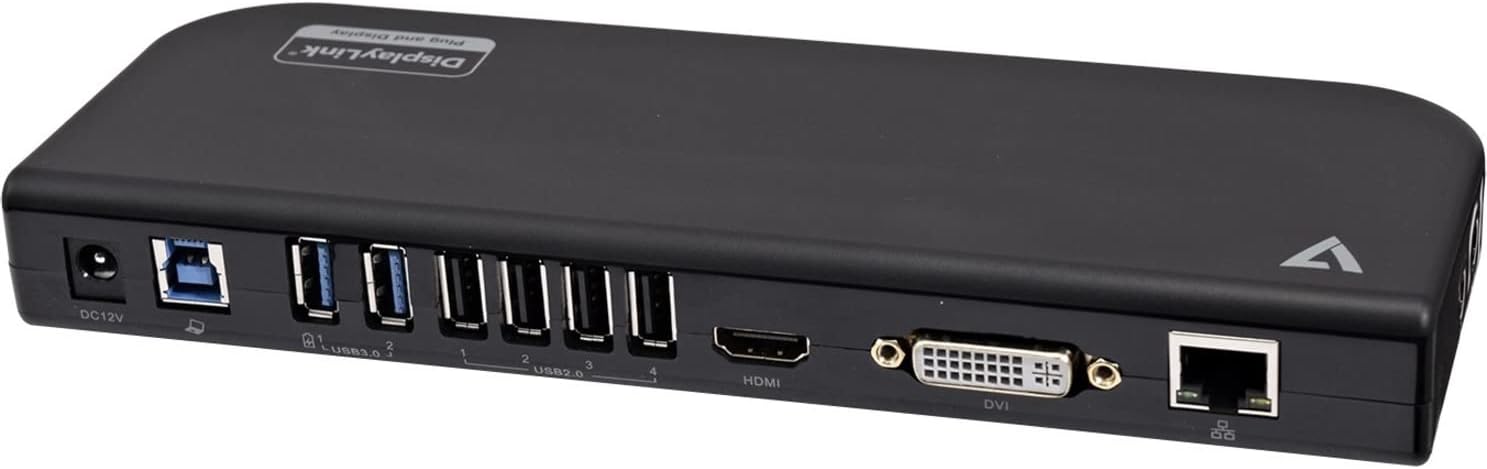 V7 USB Dual DisplayLink Docking Station, HDMI DVI output, 6 USB ports, Power Supply with US/EU/UK plugs included