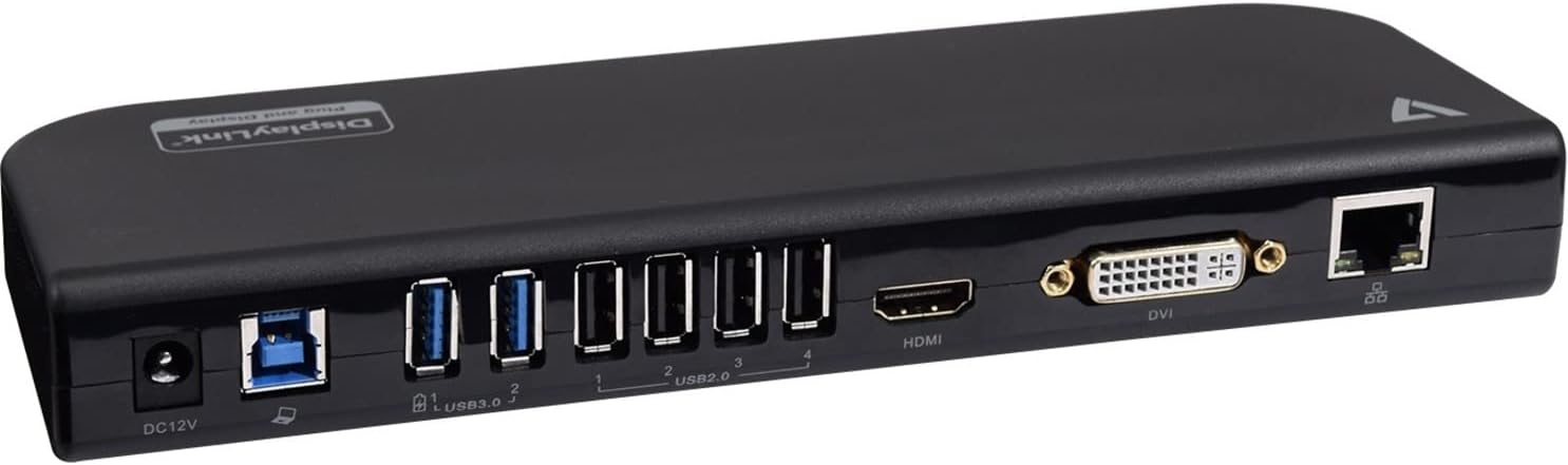 V7 USB Dual DisplayLink Docking Station, HDMI DVI output, 6 USB ports, Power Supply with US/EU/UK plugs included