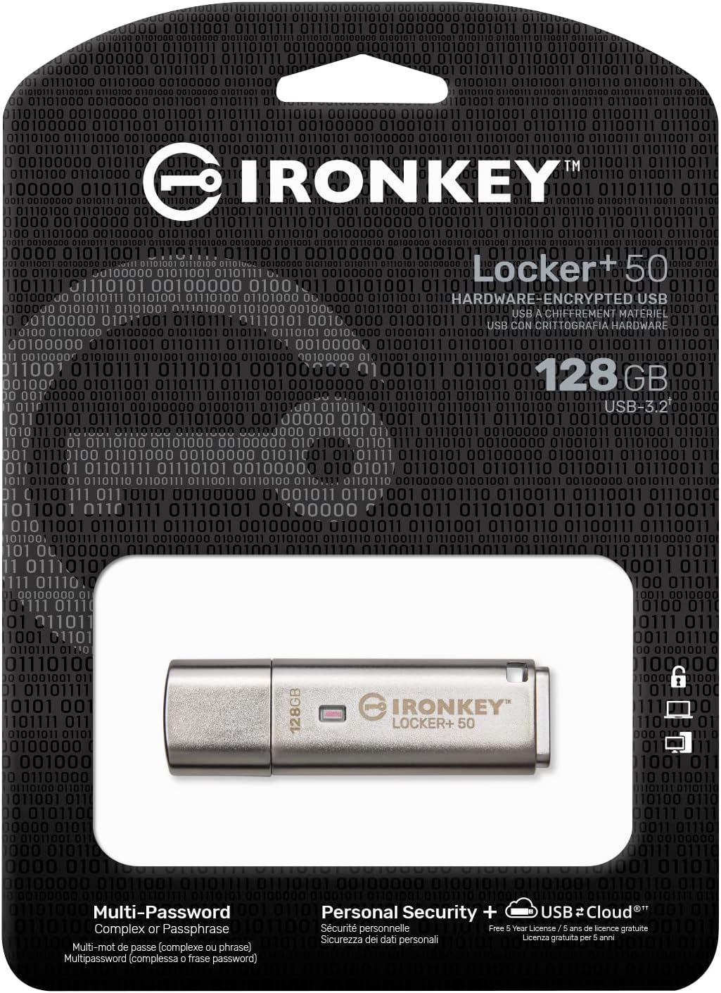 Kingston IronKey Locker+ 50 USB Flash Drive XTS-AES Encrypted for Data Protection with Automatic USBtoCloud Back Up-IKLP50/