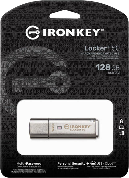 Kingston IronKey Locker+ 50 USB Flash Drive XTS-AES Encrypted for Data Protection with Automatic USBtoCloud Back Up-IKLP50/