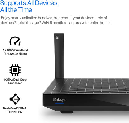 Linksys Hydra 6 Dual Band Mesh WiFi 6 Router (AX3000) - Wireless Gaming Router with up to 3.0 Gbps Speed, Supports 25+ Devices & 2,000 sq ft - Works with Linksys Mesh WiFi System