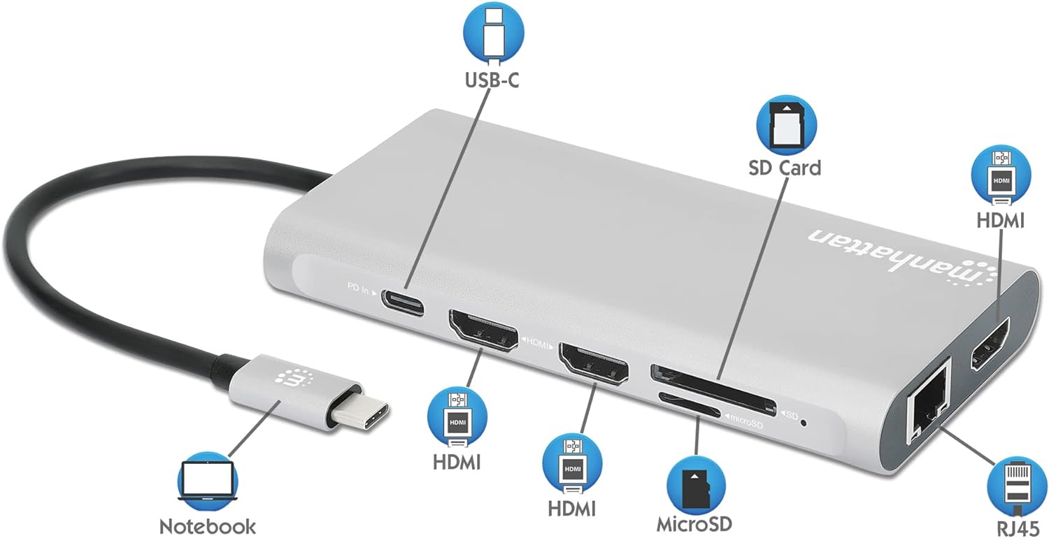 Manhattan USB-C PD 12-in-1 Docking Station with MST for THREE HDMI Monitors
