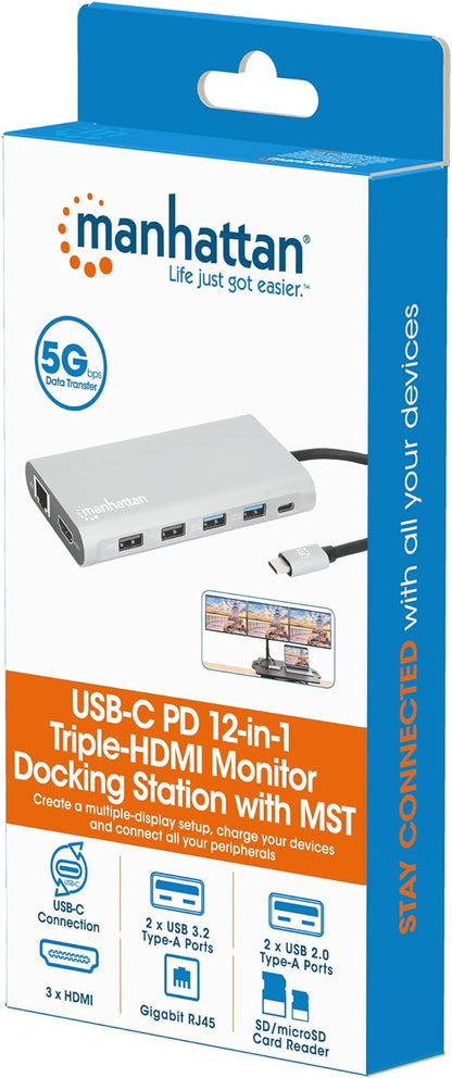 Manhattan USB-C PD 12-in-1 Docking Station with MST for THREE HDMI Monitors
