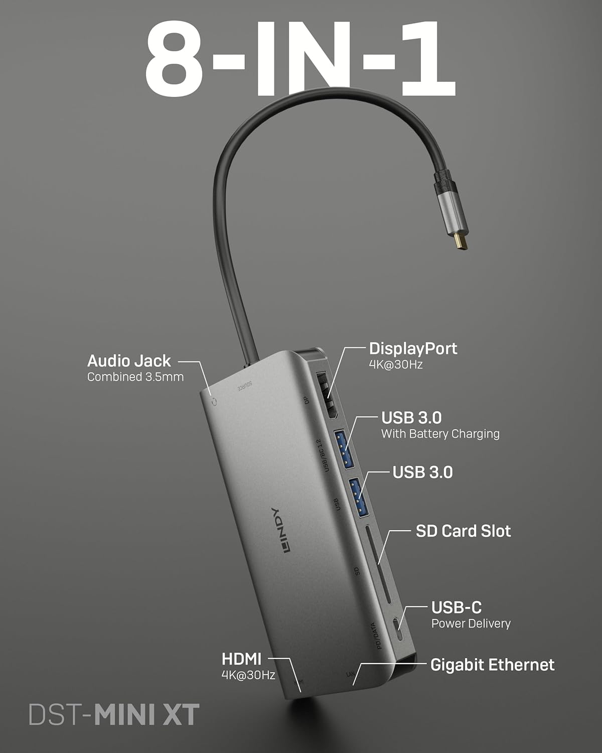 Lindy DST-Mini XT, USB-C Laptop Docking Station, Supports 2 Displays, 1x 4K / 2x Full HD, HDMI, DP, 2x USB-A 3.2 5Gbps, 1x USB-C Data & PD 3.0 100W, BC 1.2, Gigabit LAN, HP Mac Acer Dell Asus Lenovo